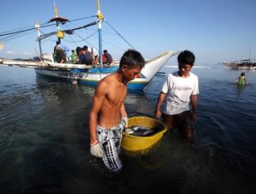 Filipino fishermen with basket of fish, boat in background